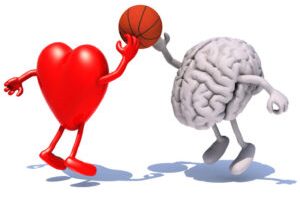 heart and brain with arms and legs playing to a basket ball, 3d illustration
