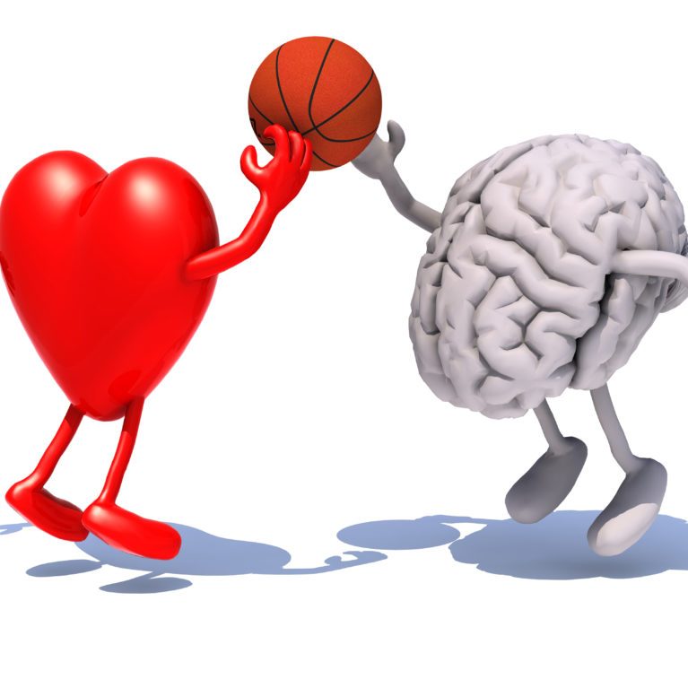 heart and brain with arms and legs playing to a basket ball, 3d illustration